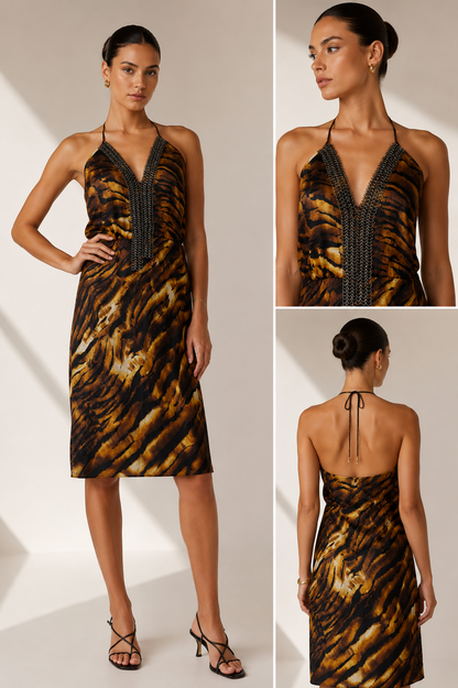 Lisa Ho Vintage Tiger-Print Silk Halter Dress