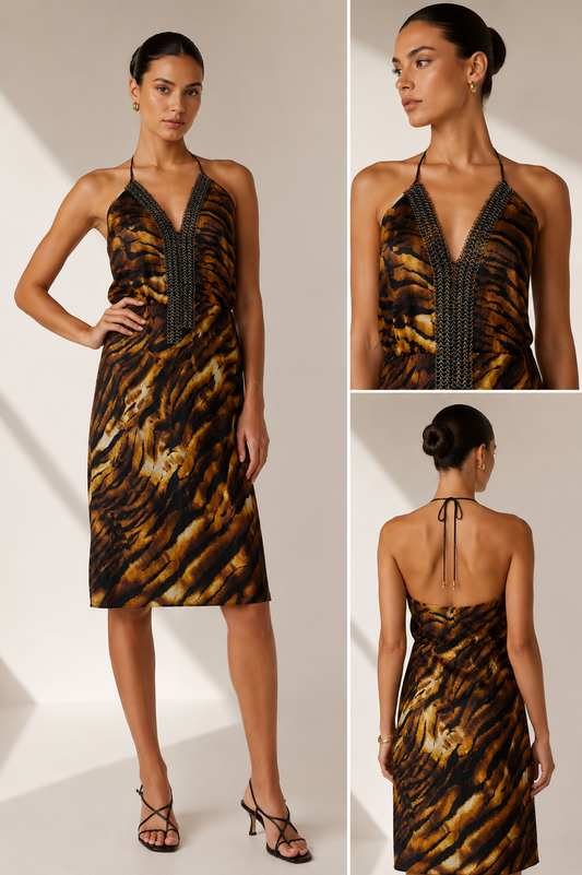 Lisa Ho Vintage Tiger-Print Silk Halter Dress