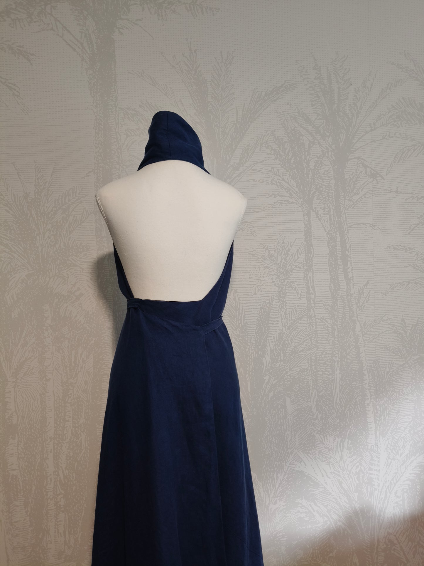 Vintage Carla Zampatti Navy Linen Halter Maxi Dress