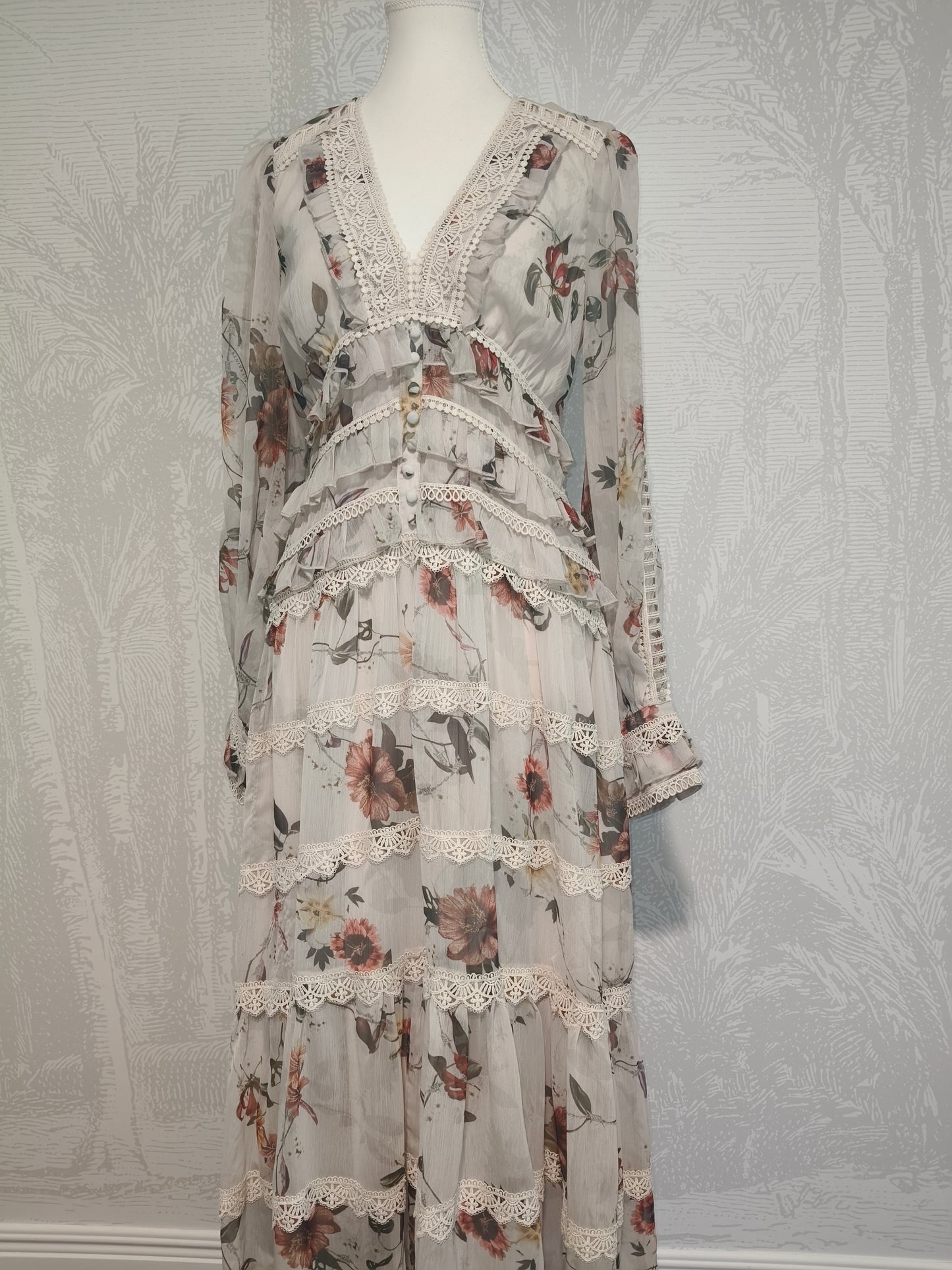 AllSaints Zora Floral Ruffle Midi Dress