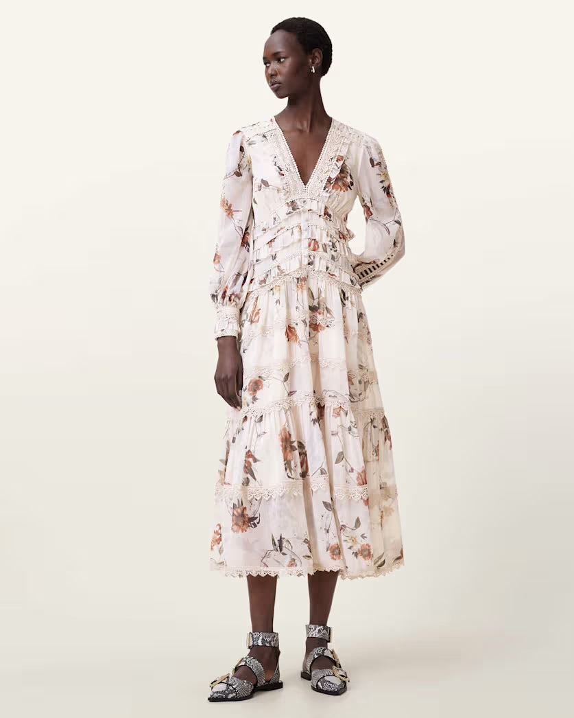 AllSaints Zora Floral Ruffle Midi Dress