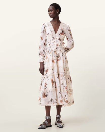 AllSaints Zora Floral Ruffle Midi Dress