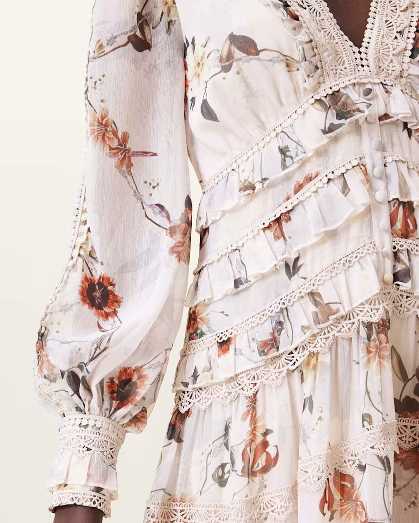 AllSaints Zora Floral Ruffle Midi Dress