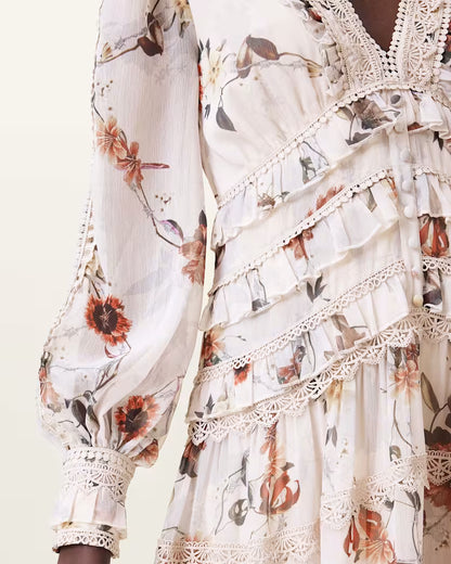 AllSaints Zora Floral Ruffle Midi Dress