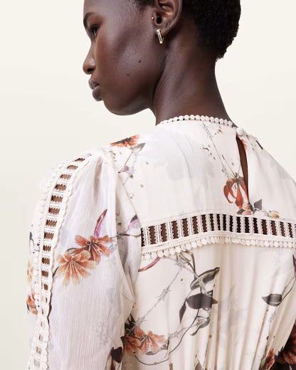 AllSaints Zora Floral Ruffle Midi Dress