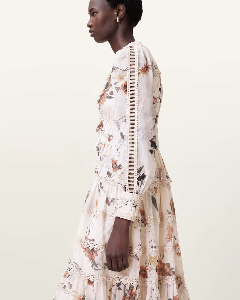 AllSaints Zora Floral Ruffle Midi Dress