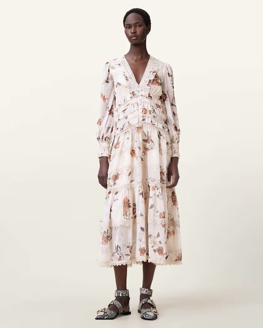 AllSaints Zora Floral Ruffle Midi Dress